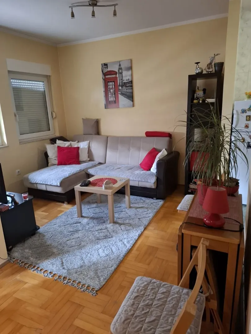 A living room with a corner sofa, coffee table, and wooden flooring.