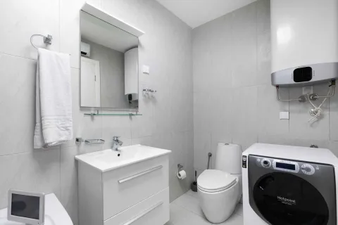 Modernly equipped bathroom with white sanitary ware, sink, and washing machine. - image 30