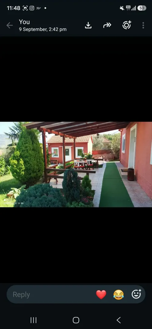 View of the landscaped yard with a terrace and an outbuilding.