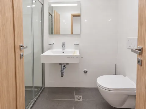 Modern bathroom with a shower cabin, washbasin, and toilet. - image 10