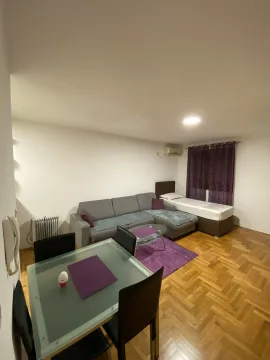 Bright living room with a sectional sofa, dining table, and an extra bed. - image 10