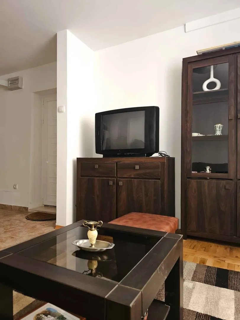 Living room with wooden furniture and a television.