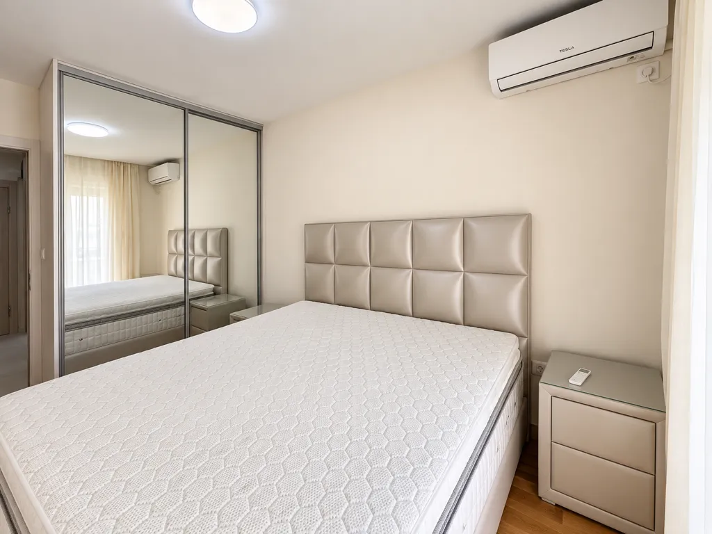 Furnished bedroom with a double bed, mirrored wardrobe, and air conditioning.