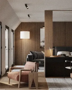 Dnevni boravak sa modernim namještajem i drvenim zidnim oblogama. - image 3