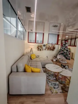 Living room with a sofa, coffee tables, and a Christmas tree. - image 3