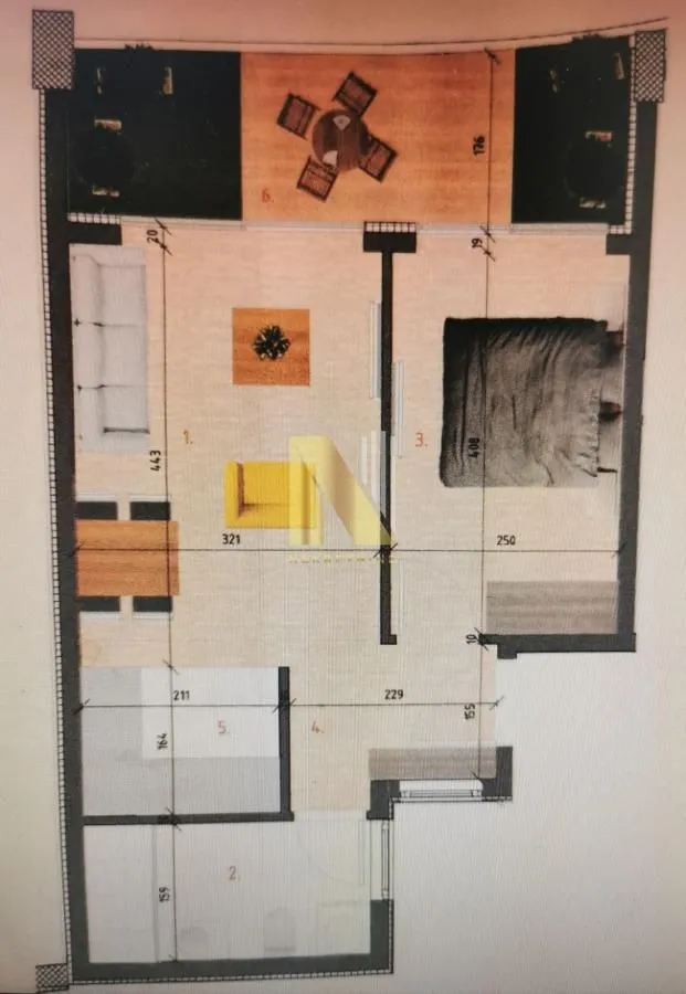 The drawing shows the floor plan of the apartment with the layout of rooms and furniture.