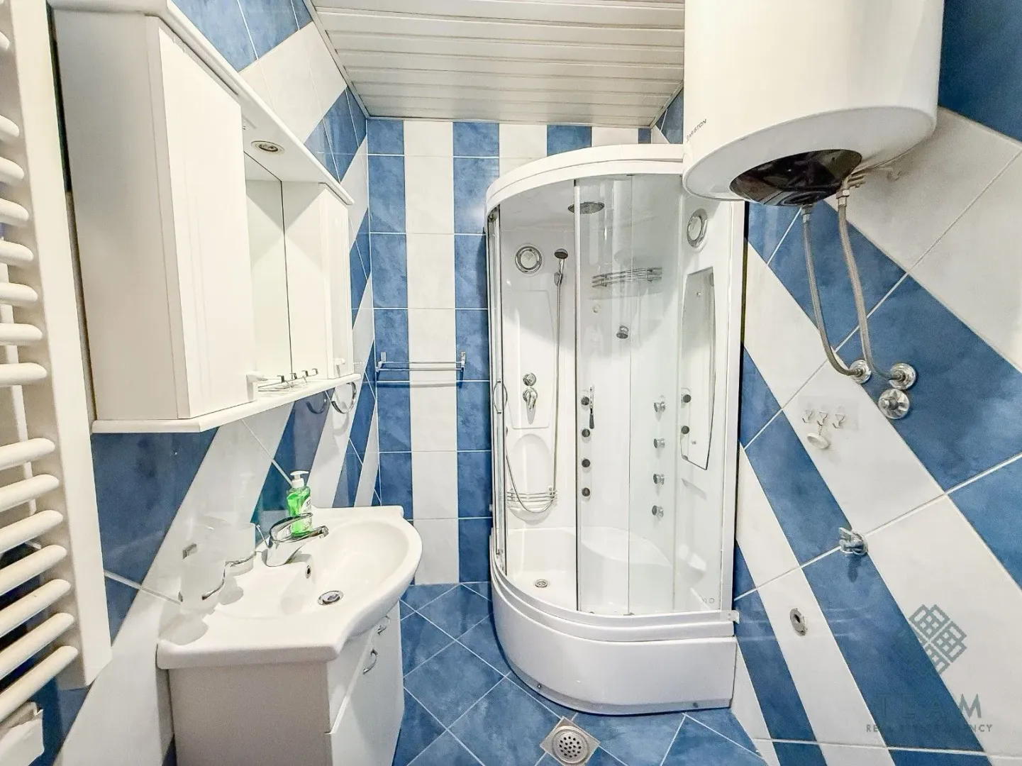 Bathroom with a shower cabin, washbasin, and blue-and-white tiles.