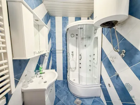 Bathroom with a shower cabin, washbasin, and blue-and-white tiles. - image 3