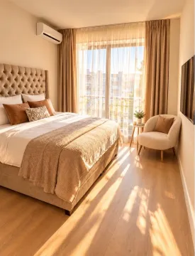 Modern bedroom with a double bed, armchair, and large balcony doors. - image 2