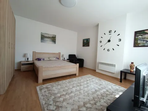 Spacious bedroom with a double bed, wardrobe, and a large wall clock. - image 2