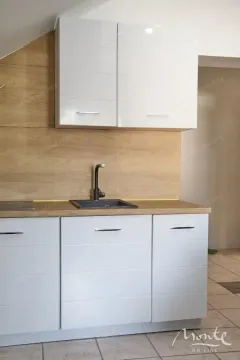 Manja kuhinja sa bijelim elementima i drvenom radnom pločom. - image 7