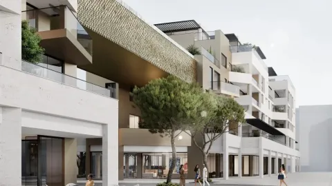 Eksterijer moderno dizajnirane višestambene zgrade sa uređenim prizemljem i drvećem. - image 19