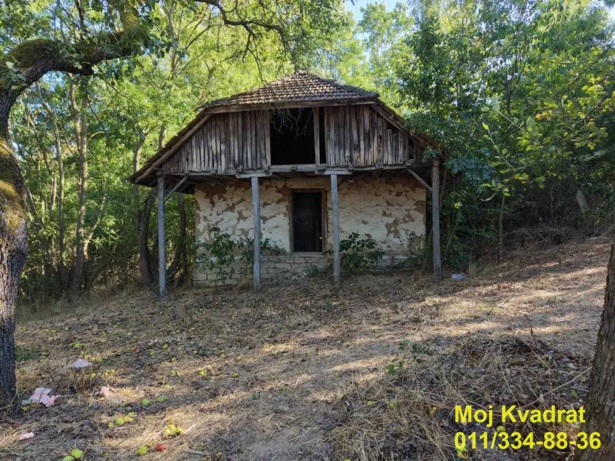 Stara seoska kuća u ruševnom stanju okružena zelenilom.