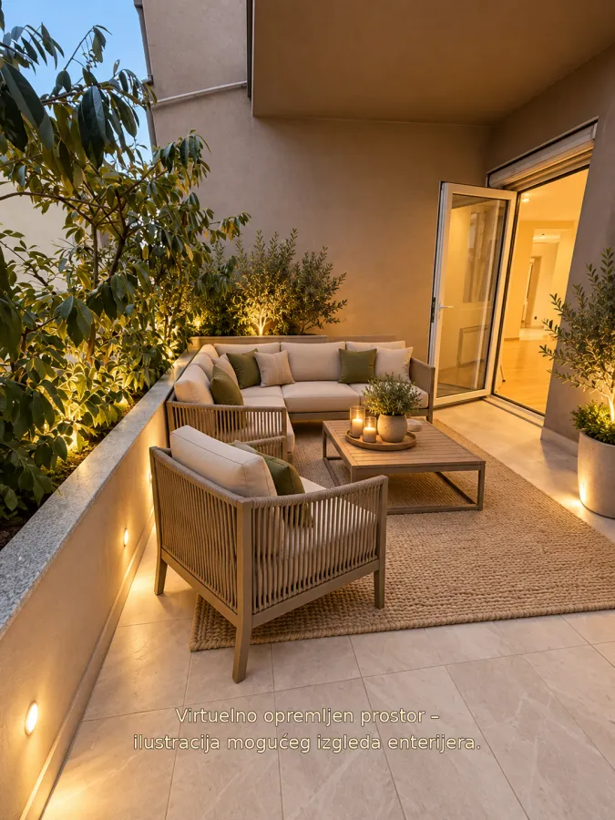 Furnished terrace with seating furniture and illuminated greenery.