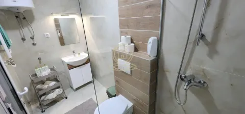 Moderno opremljeno kupatilo sa tuš kabinom, umivaonikom i WC šoljom. - image 3