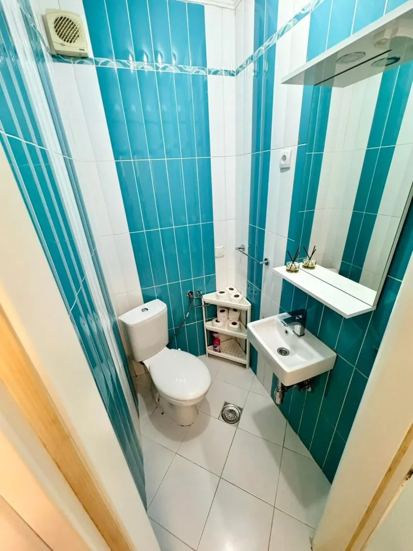 Small bathroom with blue and white tiles, toilet, and sink.