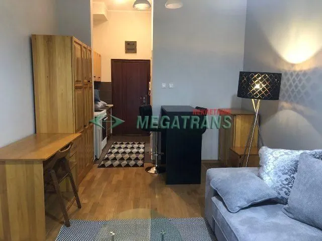 Dnevni boravak sa garniturom, trpezarijskim stolom i pogledom na ulazna vrata i kuhinju.