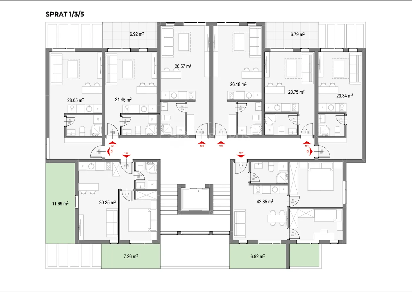 Floor plan showing the layout of apartments and square footage.