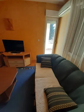 Dnevna soba sa kaučem, televizorom na komodi i izlazom na balkon. - image 7
