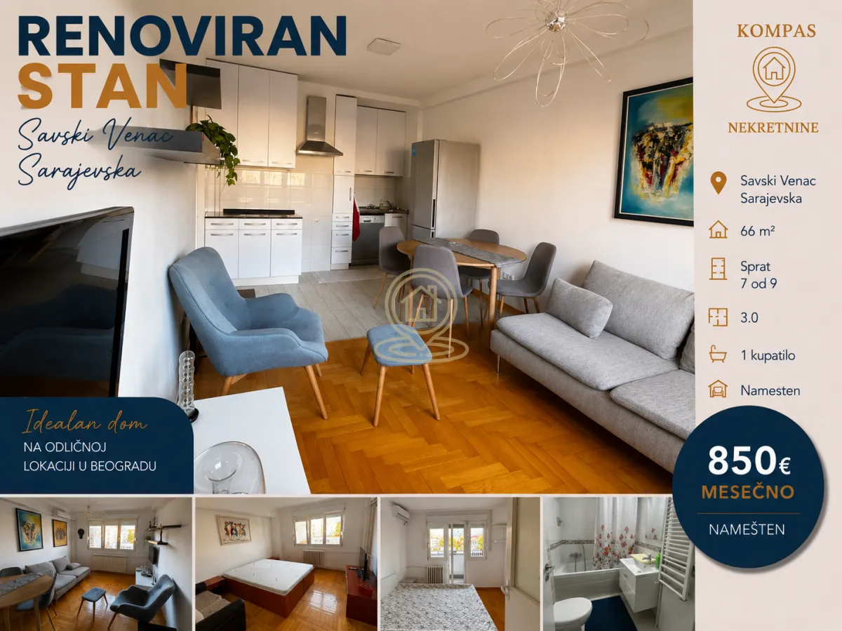 Rent, three bedroom apartment, 66m², Savski Venac, Beograd