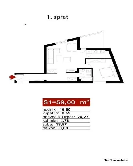 Prodaja, dvosoban stan, 59m², Trebinje, Kuršumlija