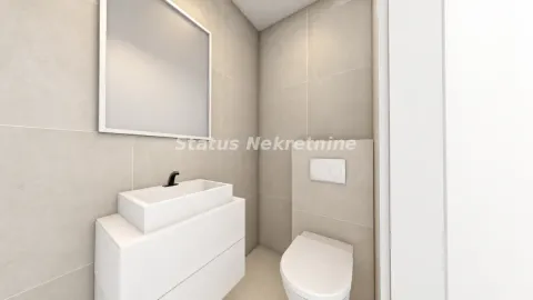 Small bathroom tiled in beige with a white washbasin and toilet. - image 10