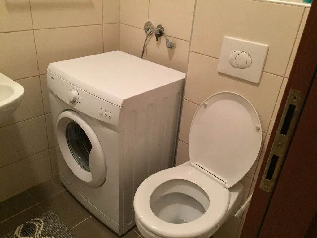 Manje kupatilo sa veš mašinom i toaletom.