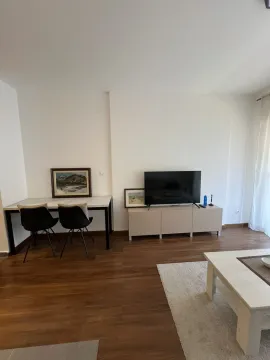 Svijetao dnevni boravak sa televizorom, radnim stolom i drvenim podom. - image 8