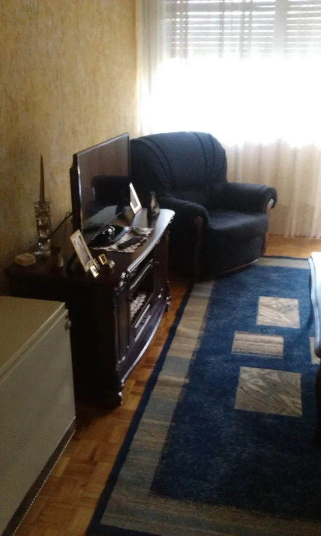 Living room featuring a comfortable armchair, TV stand, and carpet.