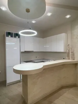 Moderna bijela kuhinja sa šankom i spuštenim plafonom sa rasvjetom. - image 6