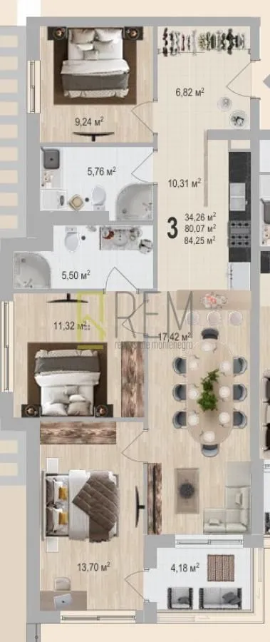 Architectural floor plan and room layout of the apartment with furniture.
