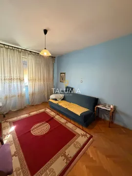 Dnevna soba sa plavim kaučem, tepihom i velikim prozorom sa zavjesama. - image 3