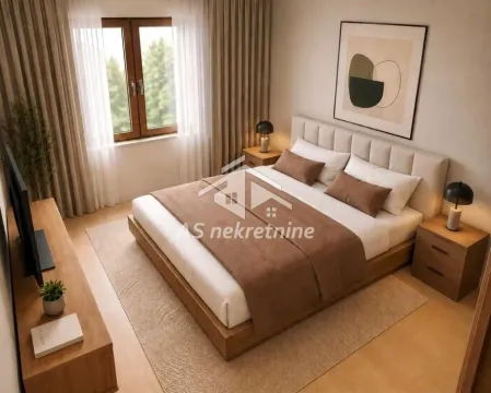 Modern bedroom with a double bed, bedside tables and a window. - image 3
