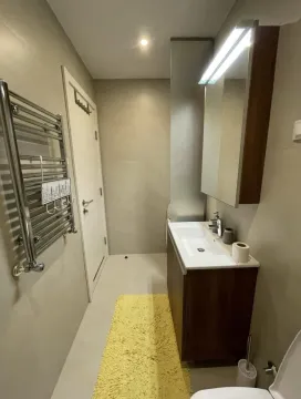 Small bathroom with a washbasin, mirror and towel radiator. - image 7