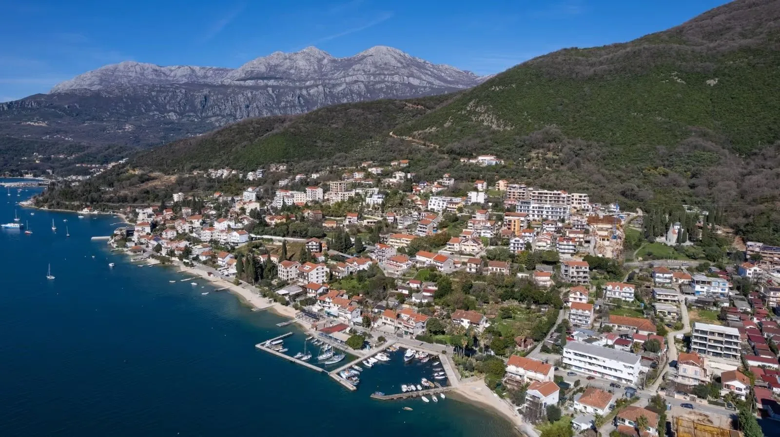 Pogled iz vazduha na obalu sa kućama i marinom.