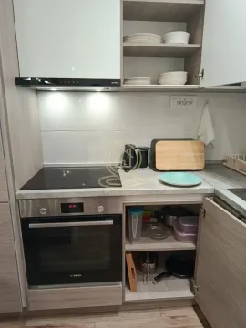 Part of the kitchen with a built-in oven, hob, and cabinets. - image 13