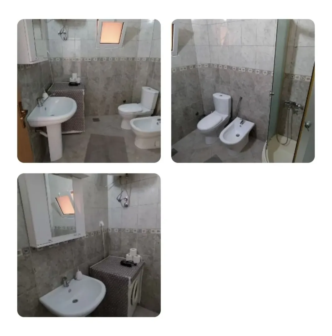 A photo collage showing a furnished bathroom with sanitary facilities and a shower cabin.