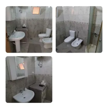 A photo collage showing a furnished bathroom with sanitary facilities and a shower cabin. - image 3