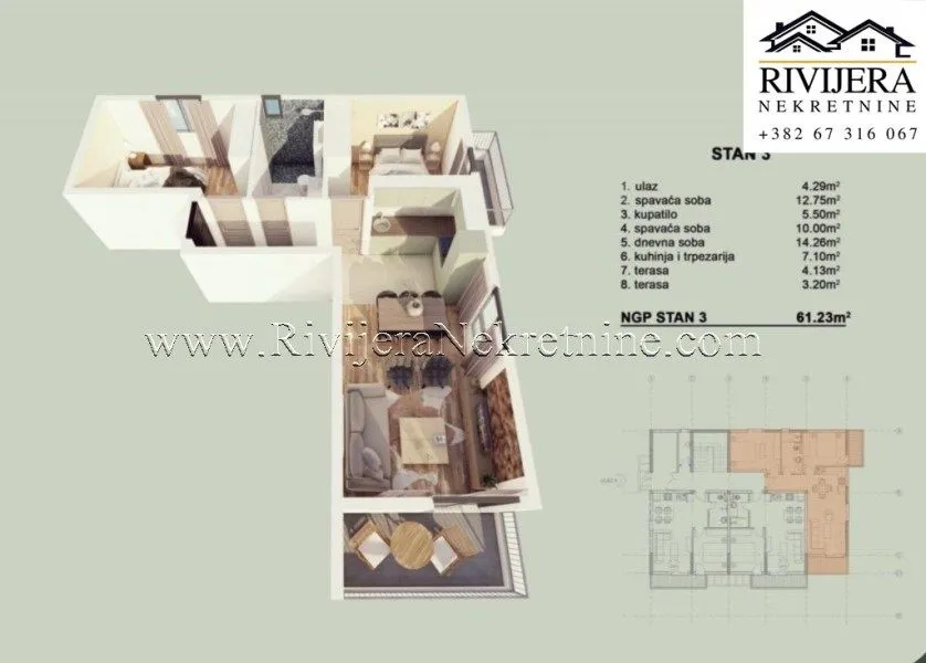 Prodaja, dvosoban stan, 61m², Orahovac, Kotor