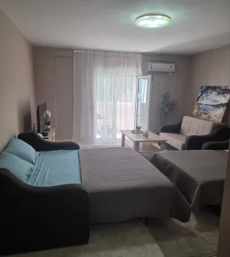 Living room with beds, TV, and access to the terrace. - image 2
