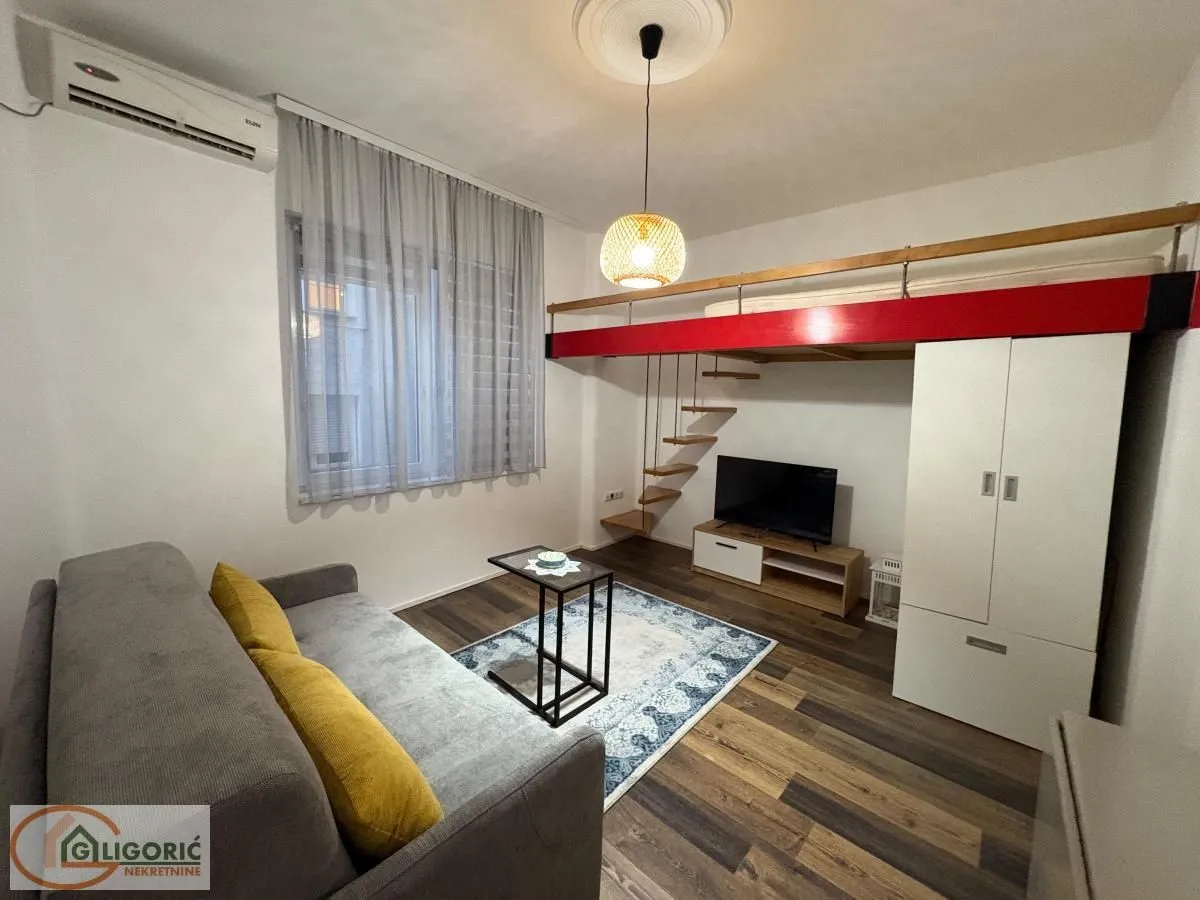 Living room with a sofa, television, and a bunk bed.