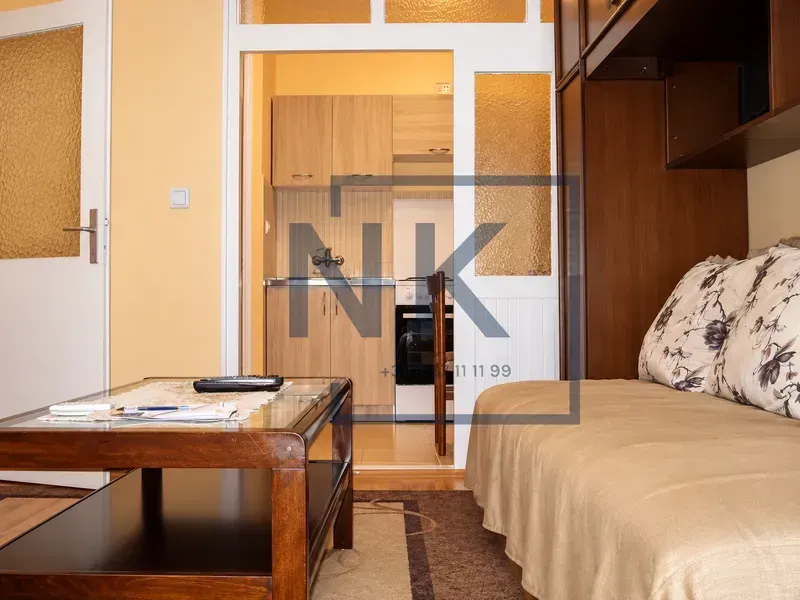 Living room with a bed and a view of the kitchen in the background.