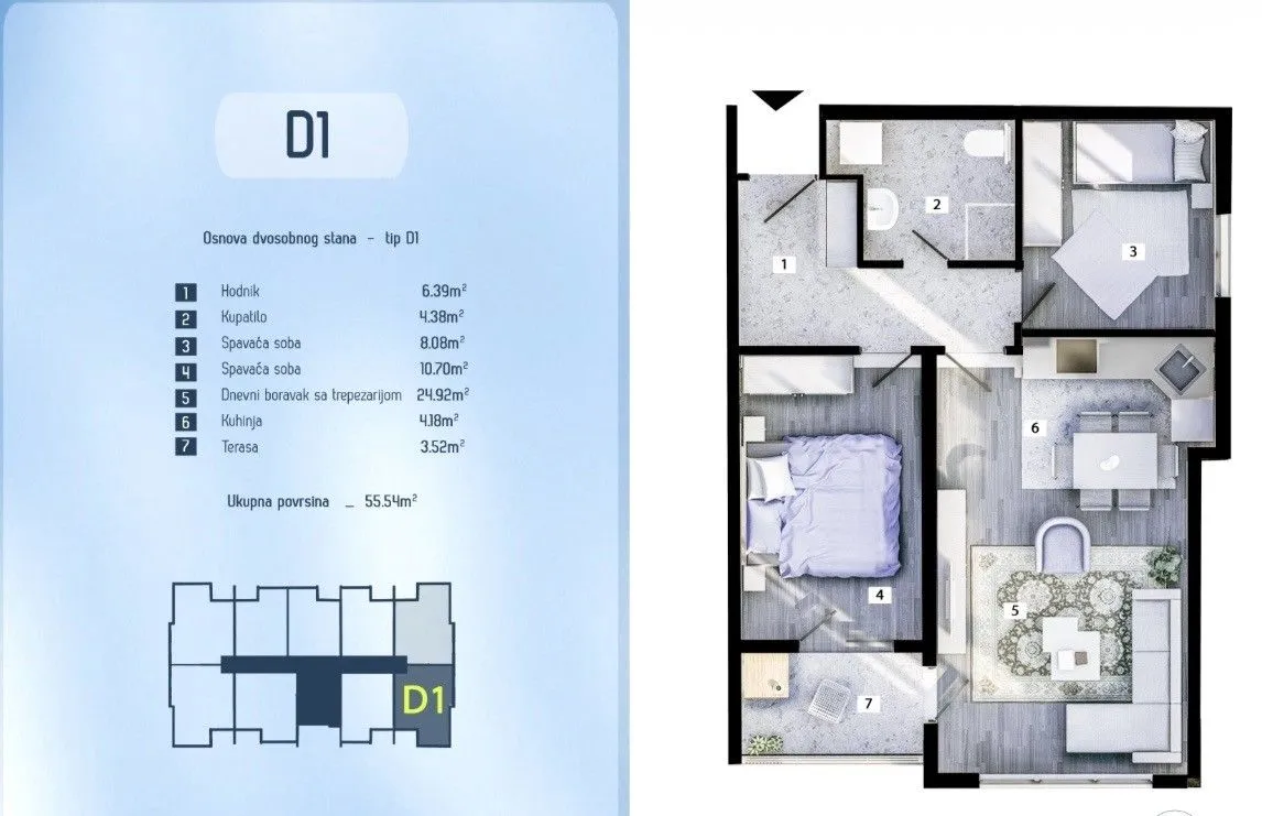 Sale, two bedroom apartment, 55m², Zabjelo, Podgorica
