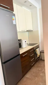 Small equipped kitchen with a refrigerator and wooden-tone cabinets. - image 9