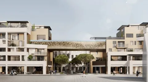 Prikaz eksterijera modernog stambeno-poslovnog kompleksa sa trgom i uređenim rastinjem. - image 21