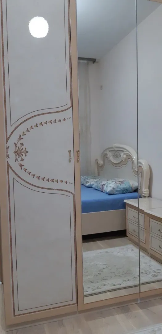 Spavaća soba sa velikim garderoberom sa ogledalom i bračnim krevetom.