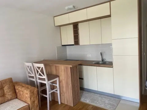 Manja kuhinja sa šankom i trpezarijskim stolicama u sklopu dnevnog boravka. - image 5
