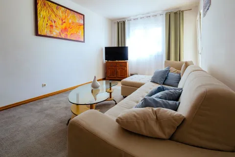 Living room with a sectional sofa, coffee table, and TV. - image 11