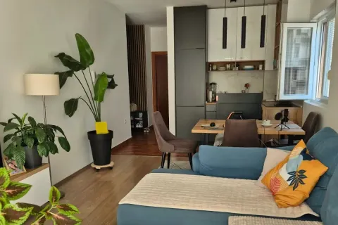 Modern living room with a sofa and an adjoining dining area. - image 3