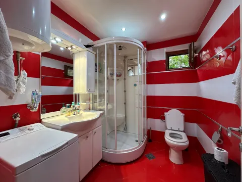 Bathroom with shower cabin, washbasin, toilet, and washing machine. - image 6